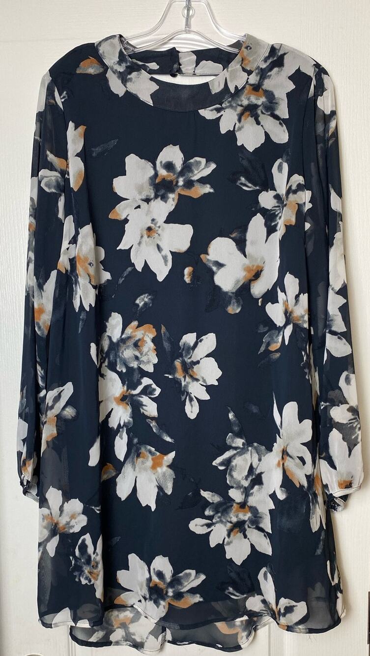 Cici Blue Floral Peephole Nape Long Sleeve Lined Chiffon Mini Dress Size Medium